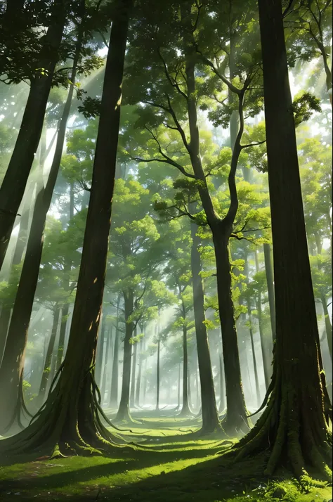 Content: The entrance to a deep, dark forest. Tall, ancient trees with thick, intertwining branches form a natural archway. The ground is covered in a thick layer of fallen leaves and undergrowth, with a narrow, barely visible path leading into the forest....