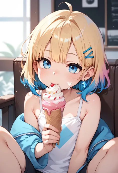 little_girl,_loli_, diabellze, blue eyes, blonde hair, purple hair, multicolored hair, sucking an ice cream in a sexy way