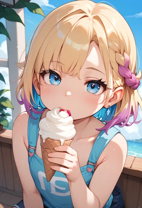 little_girl,_loli_, diabellze, blue eyes, blonde hair, purple hair, multicolored hair, sucking an ice cream in a sexy way