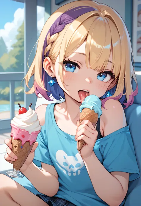 little_girl,_loli_, diabellze, blue eyes, blonde hair, purple hair, multicolored hair, licking an ice cream in a sexy way