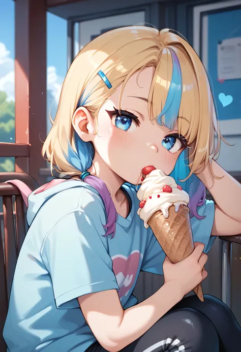 little_girl,_loli_, diabellze, blue eyes, blonde hair, purple hair, multicolored hair, sucking an ice cream in a sexy way
