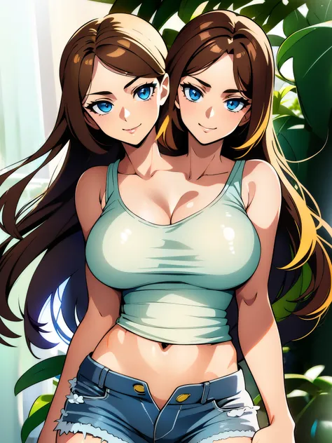 (highest quality, amazing details: 1.25), large breasts, detailed eyes, detailed face, (2heads:1.5), 1girl, anime girl with two ...