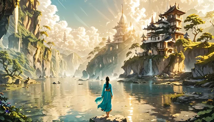 Namaste. Person meditating. Loose Clothes. dreamlike and fantasy world. Feeling of Fullness. details Intricate. cinematic lighting.