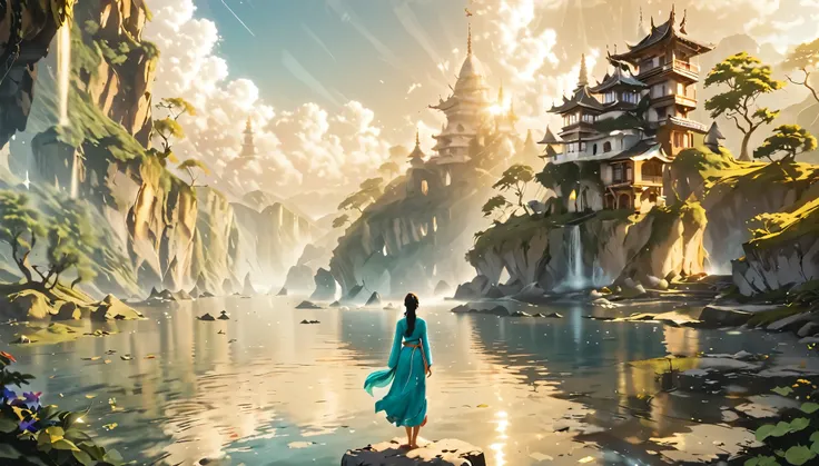 Namaste. Person meditating. Loose Clothes. dreamlike and fantasy world. Feeling of Fullness. details Intricate. cinematic lighting.