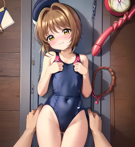 (((Card Captor Sakura))), Short Hair, (Navy blue school swimsuit:1.79), (14-year-old female junior high school student:1.47), The swimsuit is in close contact with the skin, (blush　patience), ((Slender figure　Beautiful Skin)), Highest quality, High resolut...