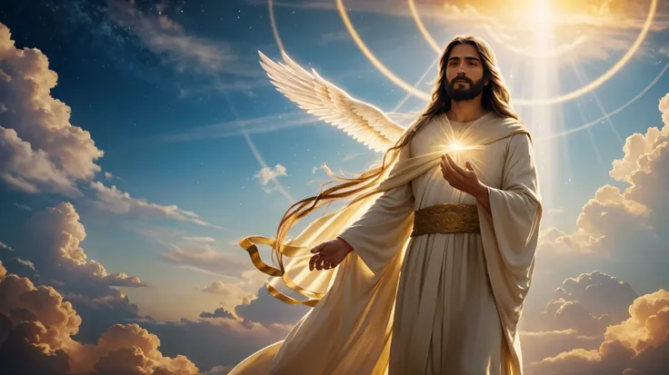 "Create a majestic and ethereal scene depicting the moment the Spirit of God breathes life into Jesus. The Spirit should appear as a radiant, glowing figure with flowing, luminous robes, and a halo of divine light. Jesus, depicted with a serene and reveren...
