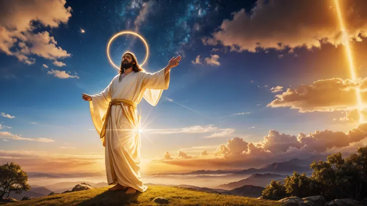 "Create a majestic and ethereal scene depicting the moment the Spirit of God breathes life into Jesus. The Spirit should appear as a radiant, glowing figure with flowing, luminous robes, and a halo of divine light. Jesus, depicted with a serene and reveren...