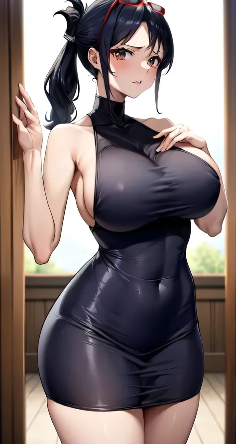 masterpiece, best quality, tashigi, black eyes, folded ponytail, eyewear , large breast, 20y, masterpiece, best quality, tashigi, black eyes, folded ponytail, eyewear , large breast, 20y, （（（blue dress,bare shoulders, clothing cutout, sleeveless dress,）））,...