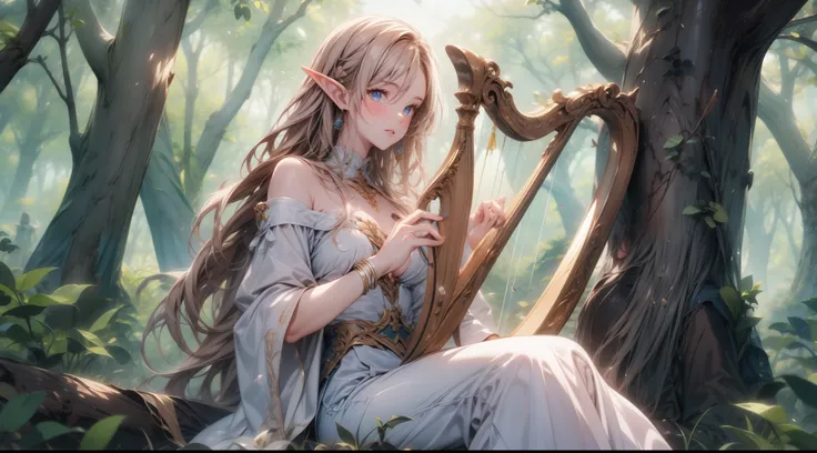 masterpiece, best quality, high quality, detailed, ultra detailed, hyper detailed, insanely detailed, exquisite, beautiful, FHD, Full-HD, 4K, 8K, 16K, highres, absurdres, forest, 1woman, Elf woman playing harp, meditating, intelligent, sitting, long hair, ...