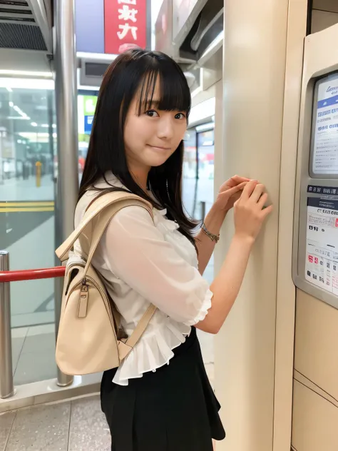 Highest quality,Super detailed,A woman looking at the ticket gate at Shibuya Station,Turn slightly to the side and look at me,White ruffled blouse,Red mini skirt,Posing for a photo,She is carrying a cute beige backpack.