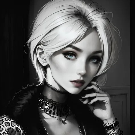 blond woman with short hair and leopard print top posing for a picture, inspired by Cindy Sherman, black and white picture, ink and screentone, drawn in a noir style, drawn with photoshop, 🤤 girl portrait, mostly greyscale, grainy black-and-white photo, bl...