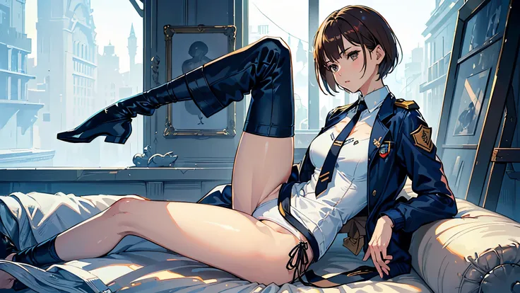 masterpiece,(Perfect Anatomy:1.5), highest quality, a lady , slender, leggy, Seductive, short hair, brown hair, (wear a white long sleeved shirt, tie, navy officer winter jacket:1.5), white bikini panties , barefoot, Perfect hands, Perfect body, reclining,...