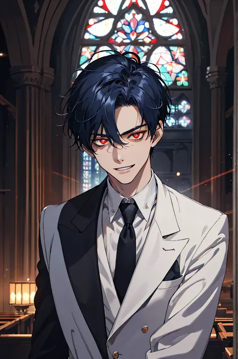 {{top-quality,​masterpiece,8k wallpaper}},Ultra-detailed CG Unity,Particle,Cinematographic lighting,((1 teenager)),a handsome,a 20-year-old boy,slender,Looking at the camera,Looming,evil smile,Vicious face,close up of face,sharp gaze,((Glowing eyes,red eye...