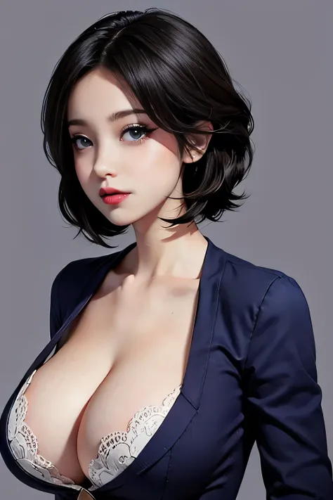 ((35 year old mature woman)),(((secretary suit))),((((1 girl))),(blue eyes)),(Very Intense Makeup)), smiling, ((red lipstick)),((woman in makeup)), short hair, black hair,((huge breasts,)),((cleavage,))),extremely realistic female eye,(((solamente))),cuerp...