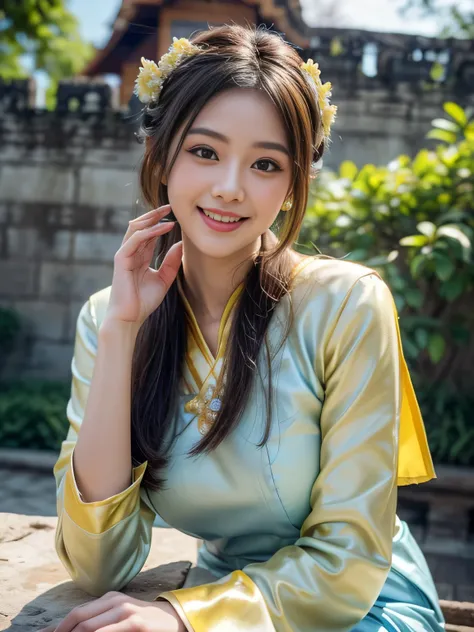 19 years old child, (wearing a light yellow and light blue Thai traditional clothing:1.3), big round breast, ((traditional thai hairstyle:1.2)), (photorealistic:1.2), (ultra realistic:1.3), (very detailed:1.1), ((masterpiece)), (Hand Details:1.4), (blush:1...