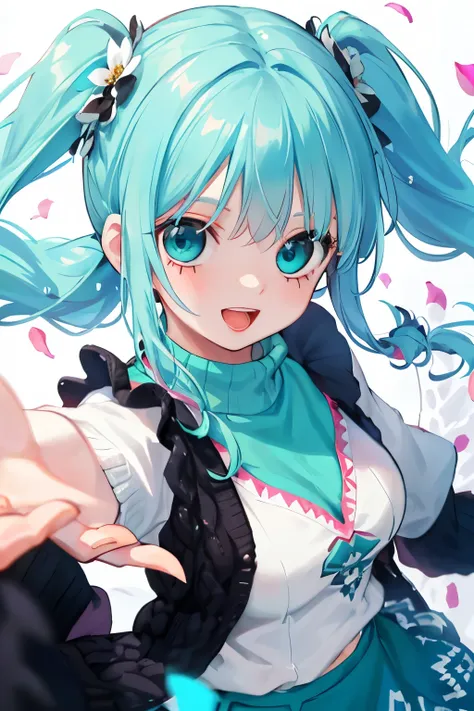 character//bluish black hair,blue eyes,long braided hair,With bangs,(eye size 1.6),(Open mouth and smile happily),break//((Turquoise blue long sleeve knit cardigan:1.3)),break//((Transparent black turtleneck innerwear)),break//((cream floral skirt)),((Rais...