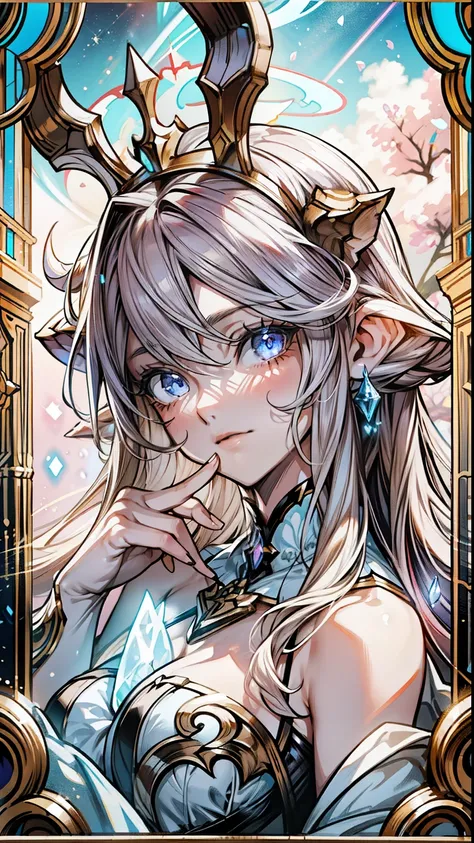 （Best quality）， （（masterpiece）），1girl, narmaya (granblue fantasy), draph
，（solo），bust， Delicate face， Looking at the audience， Determined gaze， Expose bare shoulders，Delicate hands， A celestial being， Light Particles， Halo， Energetic， Colorful colors， （Bio...