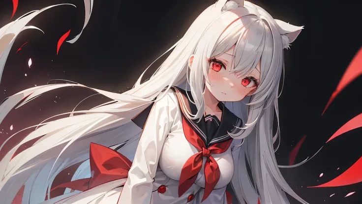 One Girl、Gray Hair、Long Hair、Straight Hair、Red eyes、Embarrassed、blush、Big Breasts、valley、Black Background、Yandere、Insanity、Composition from below、Sailor suit、Palpitate