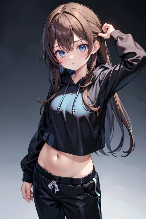 Female, brown hair, light blue eyes, black hoodie and black shirt, navel-baring hood, black long pants