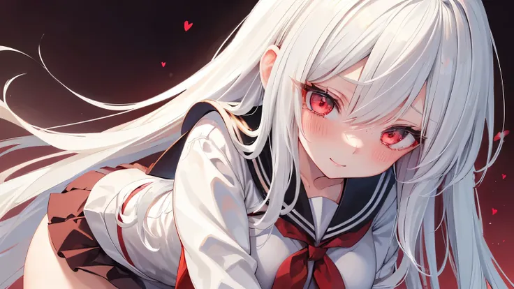 1girl,long white hair,Red eyes,embarrassed,Yandere,close-up eye, crazy smile, ultra detailed eyes,Long Straight Hair,Sultry Look,big breasts,Shyly-blushing,embarrassed,no background,all fours,cleavagte,Sailor Uniform,hugging own legs