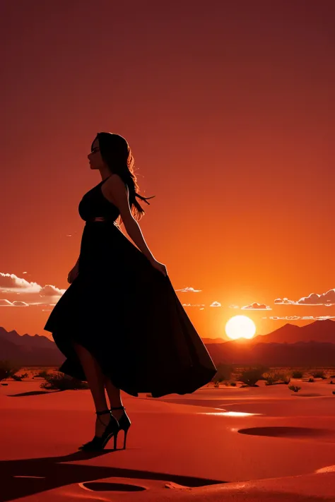 
697 / 5.000
**Digital artwork featuring a BEAUTIFUL AND GORGEOUS YOUNG WOMAN in a surreal desert landscape under a large red sun. The style is minimalistic, focusing on bold contrasts and sharp lines. The design includes a vast expanse of desert dunes in ...