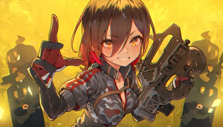 (Super detailed, ultra hd, 8k, best quality, masterpiece, super realistic) girl, brown hair, shining eye, detailed eye, gun