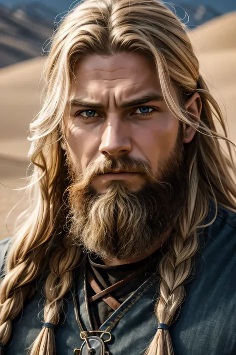 1 male viking, long blond hair, rough beard, wearing a caftan, ugly face, looking angry, 30 years old, desert background, absurd...