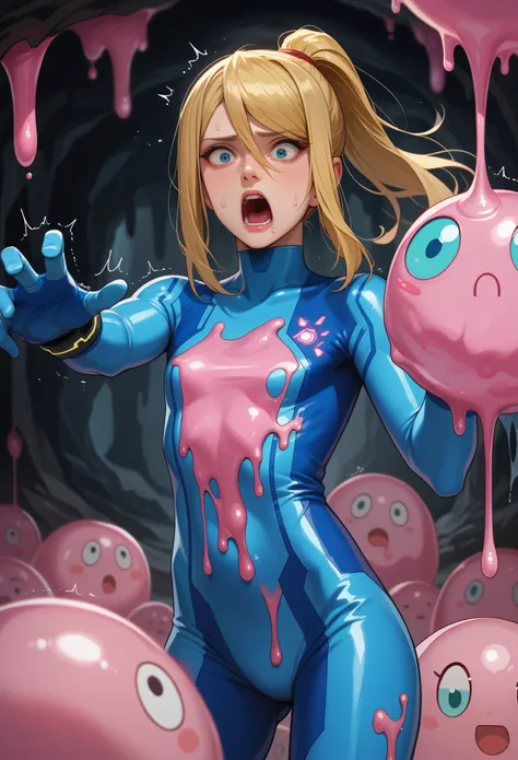 score_9, score_8_up, score_7_up, 1boy, solo, (male:1.2), flat chest, defSamus, blonde hair, medium hair, bodysuit, blue clothes, blue pants, blue gloves, shocked face, standing, shaking, stiff hands, screaming, looking down, pink liquid come out the wall, ...