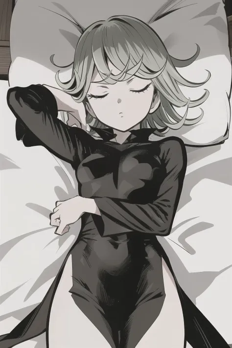  High resolution, Super detailed, Tatsumaki Tornado, Short green hair, Curly Hair, Black Dress, Long sleeve, indoor,, From below、On the bed、Lying on your back、Fold your arms behind your head、Sleeping