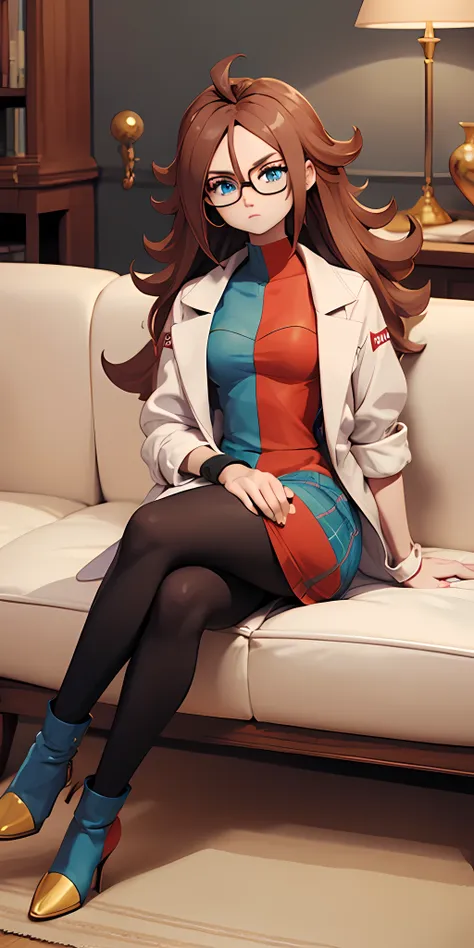 android 21, glasses, long brown hair, glasses, blue eyes, plaid dress, lab coat, tights, looking at viewer, serious, sitting, on...