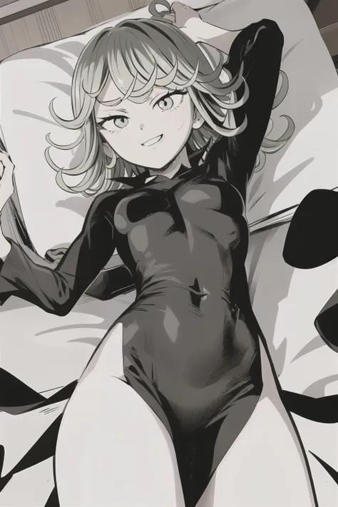  High resolution, Super detailed, Tatsumaki Tornado, Short green hair, Curly Hair, Black Dress, Long sleeve, indoor,, From below,Close your legs、On the bed、Lying on your back、Grin、Raise your arms、Grabbing the sheets