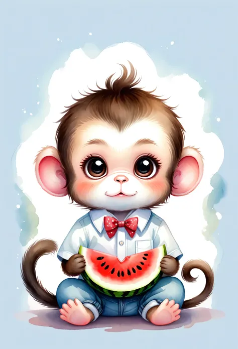 Kawaii,A watercolor illustration of baby monkey sitting eating a slice of watermelon. the monkey has big sad eyes.he is wearing a white shirt with a bow tie around his neck and jeans waltz.cute illustration. cartoon monkey with watermelon in hands, adorabl...