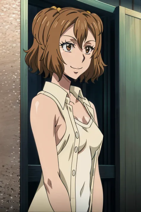 EruzaNakanishi, high quality, high resolution, 1girl, brown eyes, short hair, brown hair, Smile, solo, unbuttonned school shirt, nipples, nipple slip, areola slip, 