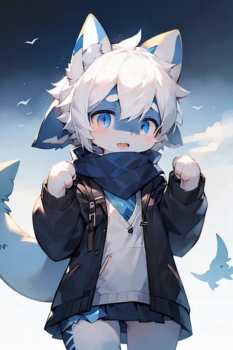 Shark Girl，Furry girls，Baby characteristics，White hair，Dark blue skin，scarf，Short skirt，