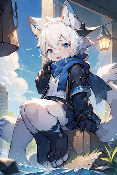 Shark Girl，Furry girls，Baby characteristics，White hair，Dark blue skin，scarf，Short skirt，