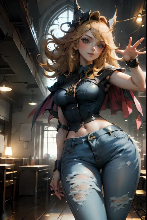 Beautiful dark wizard girls waving, smiles and is flirtatious. she is dressed in dark, tight jeans and heels . Dark jeans and gold heels.. pose sexy