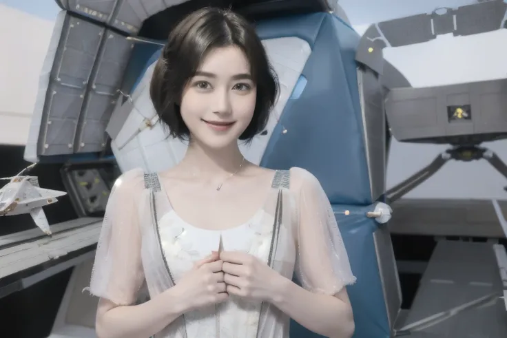 268 (20-year-old princess,Are standing), ((short hair:1.46)), (chest:1.46), Old-fashioned smile, (flower), (Spaceship:1.46)