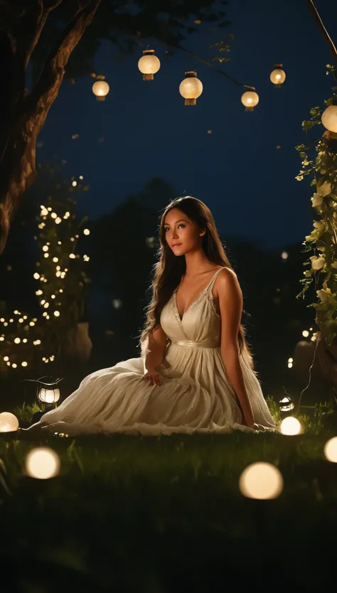 ((beautiful girl sitting under the moonlight in a beautiful garden lit by hanging lanterns:1.5)), dreamy expression, long flowin...