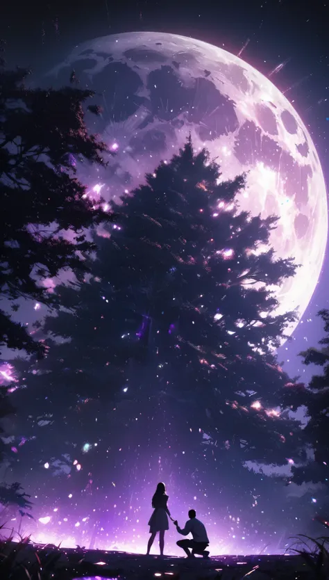 from below, a huge full moon, a big tree, a woman receiving a marriage proposal, listening shyly, a man on one knee confessing in front of her, the back of the man, beautiful moonlight, shading effects, gradation magic effects, glitter effects, (ultra deta...