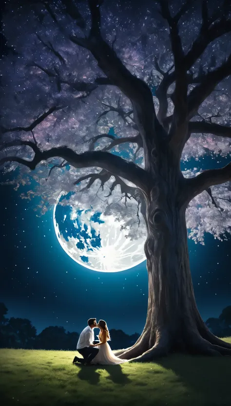 from below, a huge full moon, a big tree, a woman receiving a marriage proposal, listening shyly, a man on one knee confessing in front of her, the back of the man, beautiful moonlight, shading effects, gradation magic effects, glitter effects, (ultra deta...