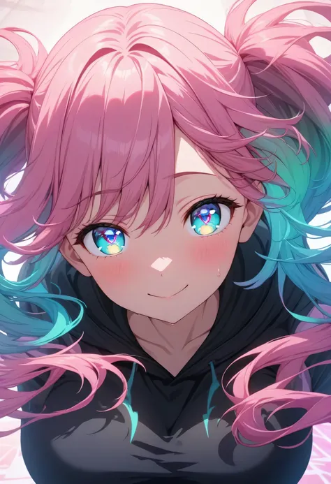 One Girl、Pink Hair、Blue eyes、Twin tails hair、White LINE Gradient Hair、Bangs are straight,Detailed Background, masterpiece,Smaller breasts、 Highest quality, smile, ornament, hoodie, Portraiture, Blue Neon, graffiti, dark, night, Glowing Eyes, Black Light Ma...