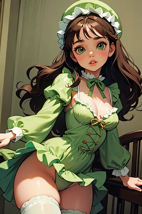 Cute girl with brown hair and green eyes, with big lips, small breasts and wide hips, wearing a frilly green baby bonnet and frilly green onesie, wearing a frilly white diaper and stockings, in a crib, crawling towards you