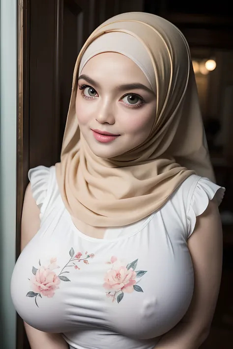 Jumbo (Singlet), Chubby adorable, 1 girl, (face to face), 10 years old, baby face, happy, half body portrait, (face details: 1), (eye details: 1), ((big breasts)). wearing transparent transparency soft long shirt, hijab, .. Cute posed. proportional body. U...