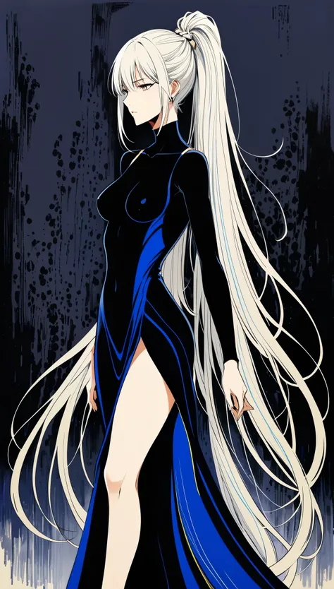 in style of Hans Hartung,in style of Amanda Clark-【Clean anime】-,in style of  Brandon Mably
character concept design,1girl,extreme elegance,extremely detailed,extreme depravity,extreme charm,ojou-sama posture,incredibly long hair,half body,high ponytail br...