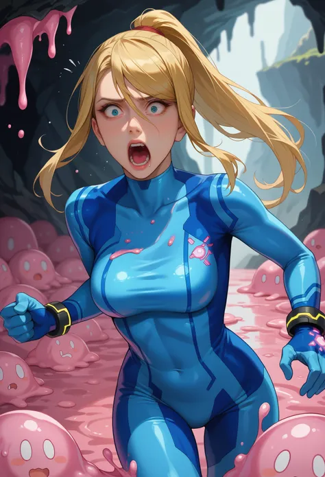 score_9, score_8_up, score_7_up, 1girl, solo,defsamus, blonde hair, long hair, bodysuit, blue clothes, blue pants, blue gloves, ...