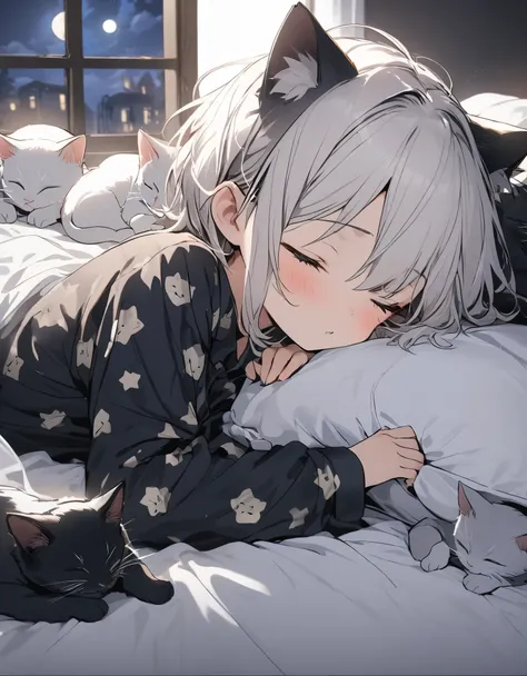 Masterpiece, 10 year old girl, White hair, cat ear, short hair, sleep in bed, star pattern pajamas, sleep surrounded by many cats, the moon from the window, Night