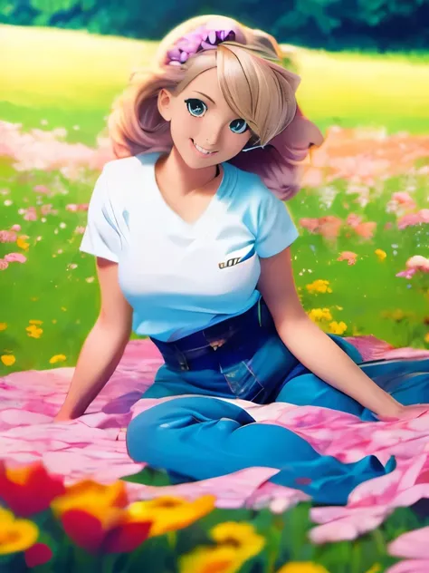 Anime girl in the anime style of the 80s sitting in a field of flowers and looking at the camera, smiling. pastel-colored