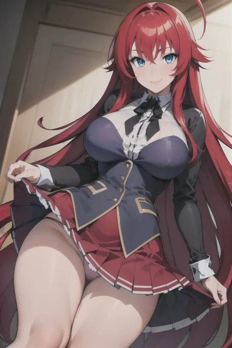 best quality, masterpiece, 1girl, (solo:1.1), raytracing, ultra detailed,detailed face, 8k wallpaper, wide hips, smile, RiasGremoryNDV, 1girl, red hair, large breasts, very long hair, ahoge, blue eyes, red skirt, , shirt, corset, indoor, panties, (skirt up...