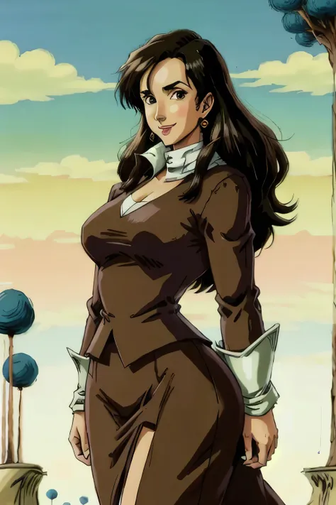 8k, Best Quality, realist, Victoria Villarruel dressed as a Dragon Ball lawyer, long dark brown hair, slim figure with wide hips, smiling warm expression. outdoor, plain, namek trees background.