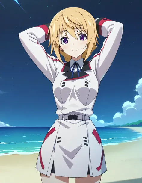 charl, def, uniform, high quality, 1girl, smile, solo, night sky, beach, arms behind head, (contrapposto), spread armpits, closed mouth,, looking at viewer, cowboy shot, blushing,